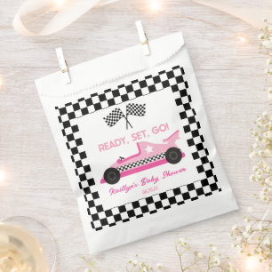 Pink Black Race Car Ready Set Go Baby Shower Favor Bag