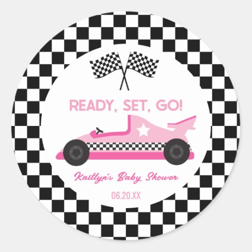 Pink Black Race Car Ready Set Go Baby Shower Favor Classic Round Sticker
