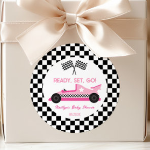 Pink Black Race Car Ready Set Go Baby Shower Favor Classic Round Sticker