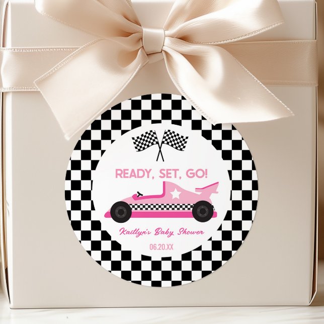 Pink Black Race Car Ready Set Go Baby Shower Favor Classic Round Sticker (Creator Uploaded)