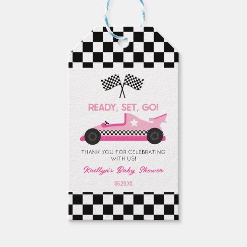 Pink Black Race Car Ready Set Go Baby Shower Gift Tags
