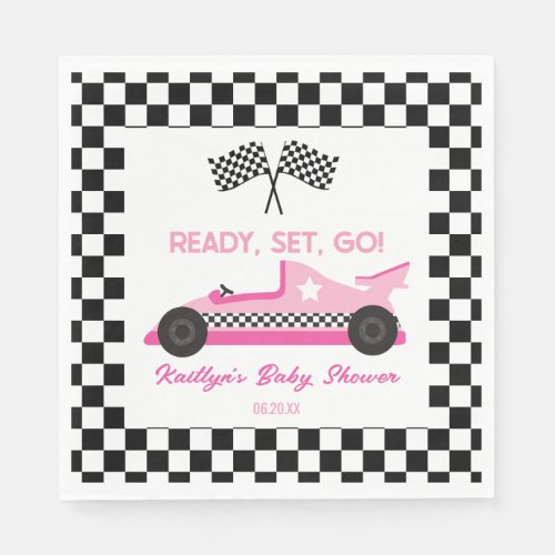 Pink Black Race Car Ready Set Go Baby Shower Napkins