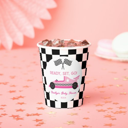 Pink Black Race Car Ready Set Go Baby Shower Paper Cups