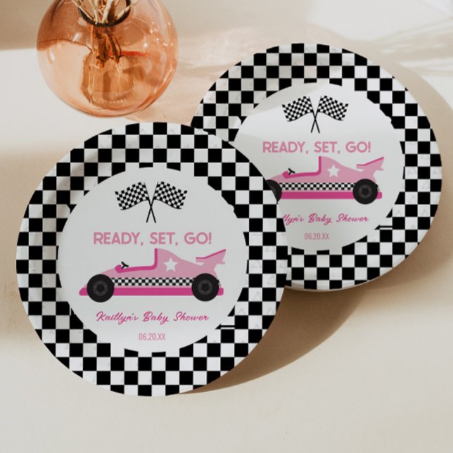 Pink Black Race Car Ready Set Go Baby Shower Paper Plates (Creator Uploaded)