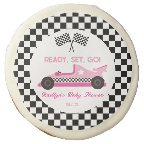 Pink Black Race Car Ready Set Go Baby Shower Sugar Cookie