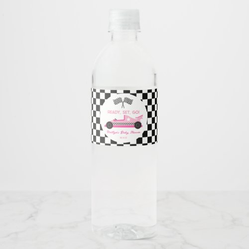 Pink Black Race Car Ready Set Go Baby Shower Water Bottle Label
