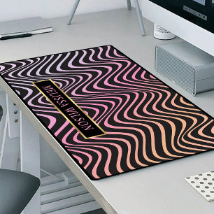 Pink & Black Retro Abstract Wavy Pattern Name Desk Mat