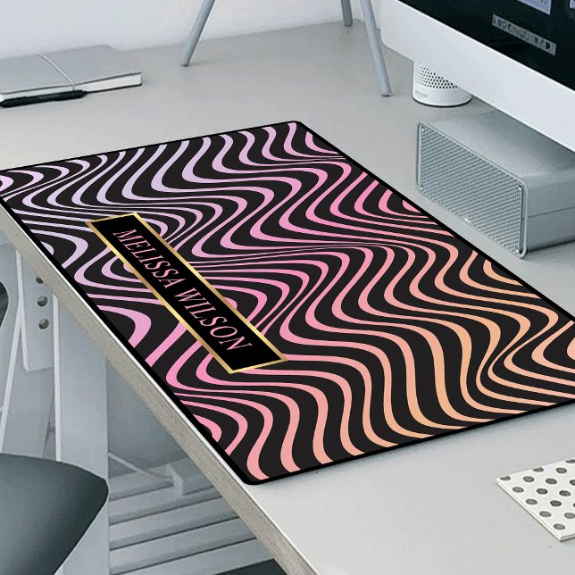 Pink & Black Retro Abstract Wavy Pattern Name Desk Mat (Trendy pink retro personalized desk mat with space for your name)