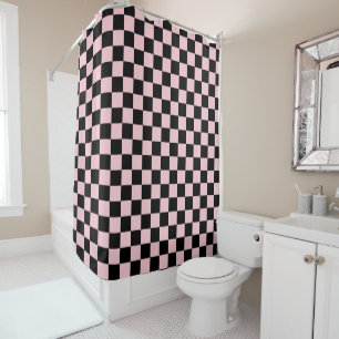 Pink Black Retro Checks Checkerboard Pattern Shower Curtain