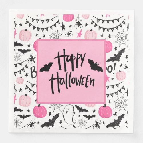 Pink Black Retro Halloween Cute Ghost Bats Napkins