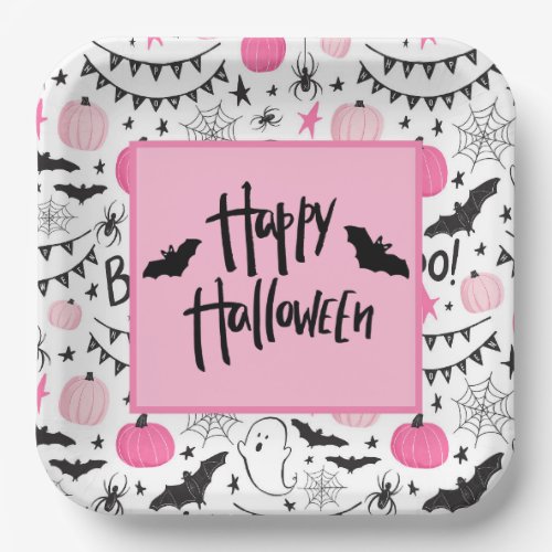 Pink Black Retro Halloween Cute Ghost Bats Plates