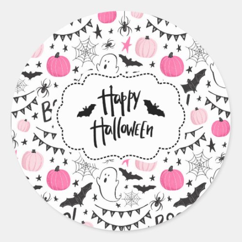 Pink Black Retro Halloween Cute Ghost Bats Pumpkin Classic Round Sticker