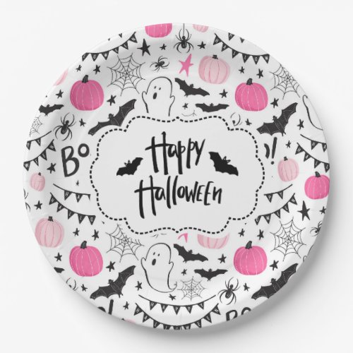 Pink Black Retro Halloween Cute Ghost Bats Pumpkin Paper Plates