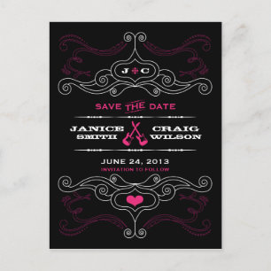 Pink & Black Rock 'n' Roll Music Themed Wedding Announcement Postcard