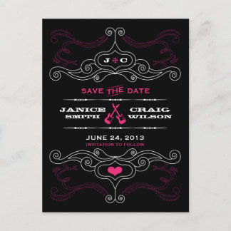 Pink & Black Rock 'n' Roll Music Themed Wedding Announcement Postcard