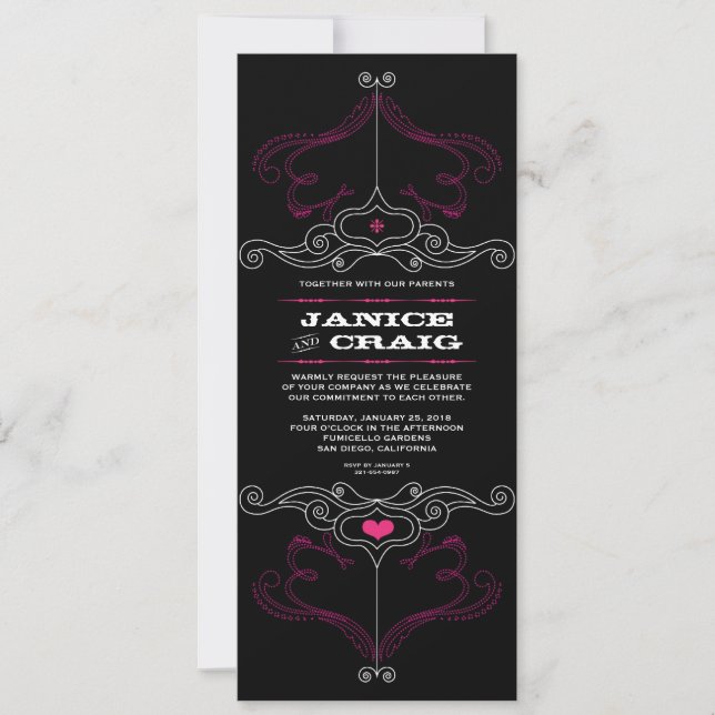 Pink & Black Rock 'n' Roll Music Themed Wedding Invitation (Front)