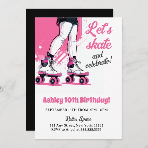 Pink  Black Roller Skate Skating Birthday Invitation