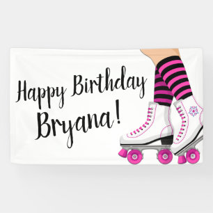 Pink & Black Roller Skate Skating Birthday Party Banner