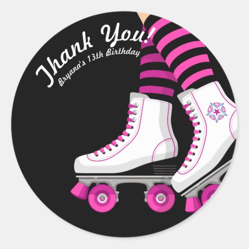 Pink  Black Roller Skate Skating Birthday Party Classic Round Sticker