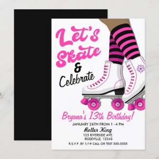 Pink & Black Roller Skate Skating Birthday Party Invitation
