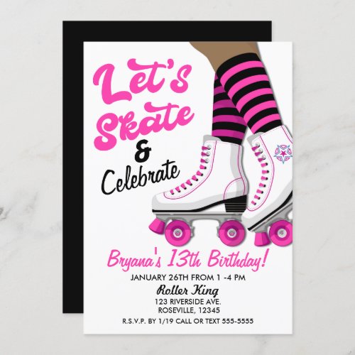 Pink  Black Roller Skate Skating Birthday Party Invitation