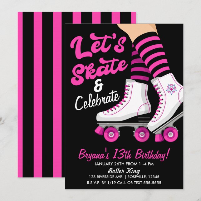 Pink & Black Roller Skate Skating Birthday Party Invitation (Front/Back)