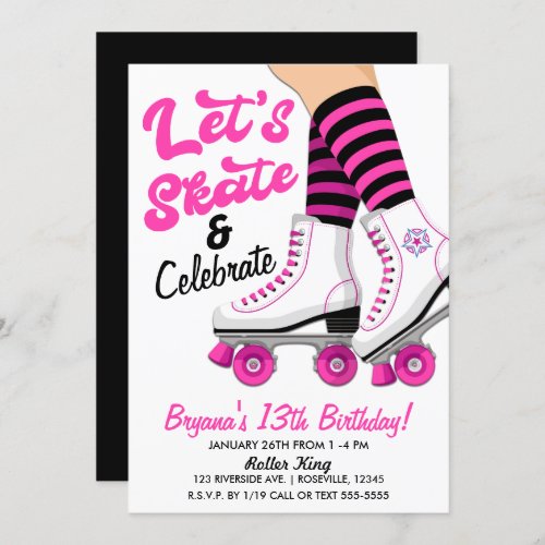 Pink  Black Roller Skate Skating Birthday Party Invitation