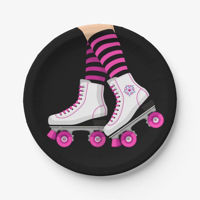 Pink & Black Roller Skate Skating Birthday Party Paper Plates (Front)