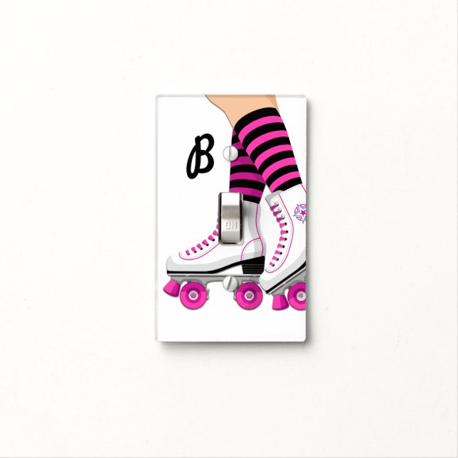 Pink & Black Roller Skate Skating Light Switch Cover (In Situ)