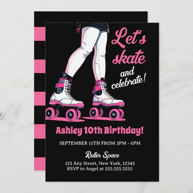 Pink & Black Rollerblade Skating Birthday Invitation (Front/Back)