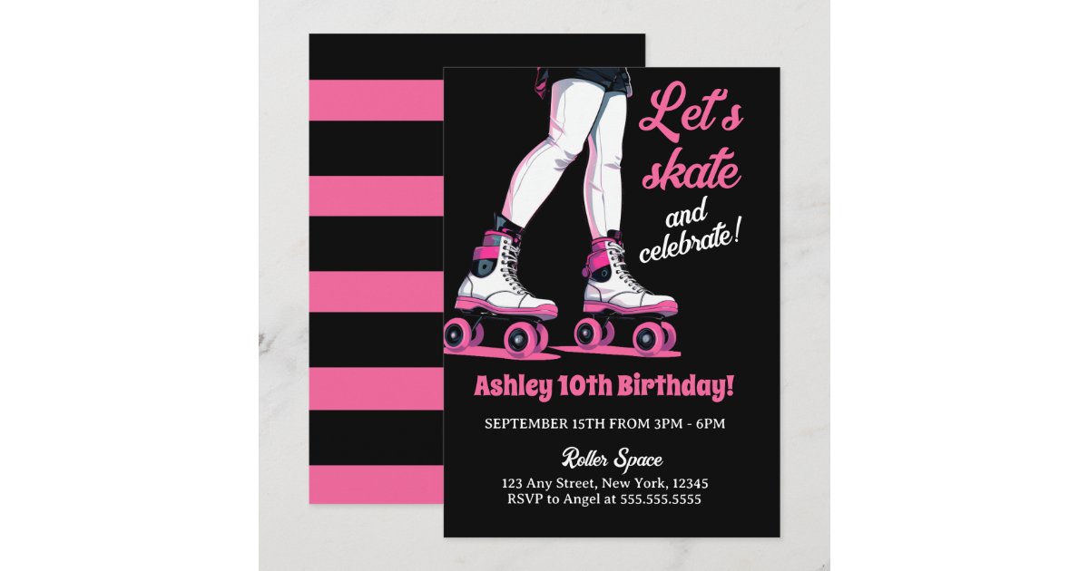Pink &amp; Black Rollerblade Skating Birthday Invitation | Zazzle