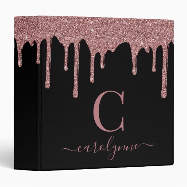 Pink Black Rose Gold Glitter Drips Monogram 3 Ring Binder (Front/Spine)