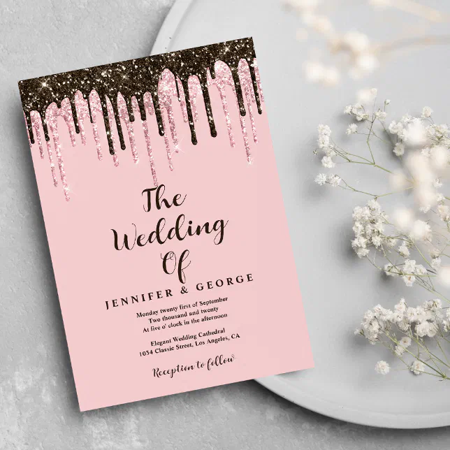 Pink black rose gold glitter drips wedding invitation Zazzle