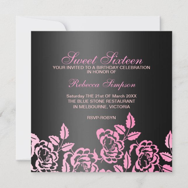 Pink & Black Rose Petal Sweet 16 Birthday Invite (Front)