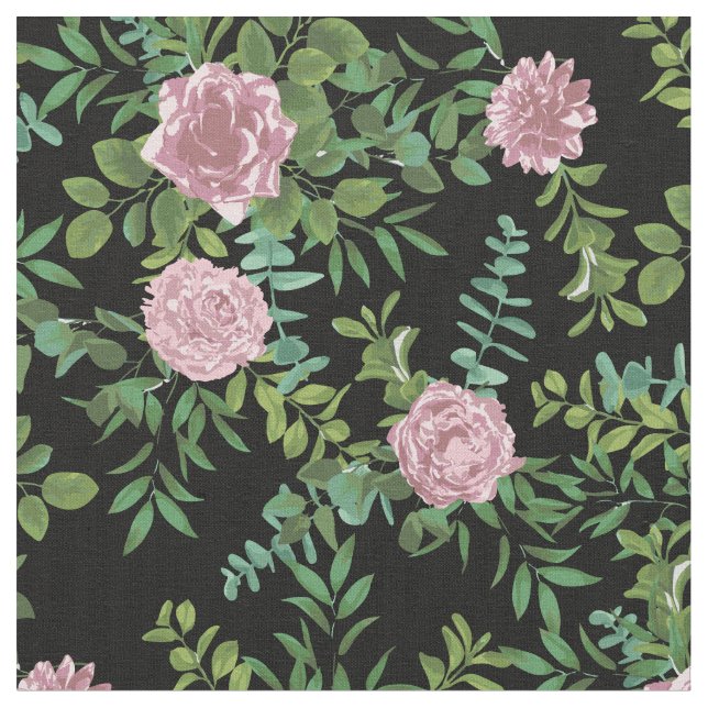 Pink Black Roses Floral Flowers Fabric (Close Up)