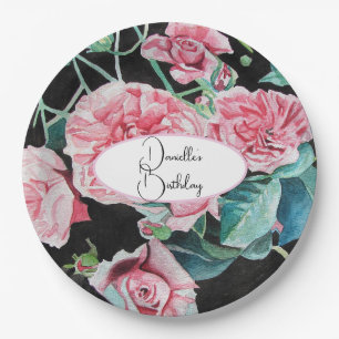 Pink Black Roses Floral flowers Party Paper Plate