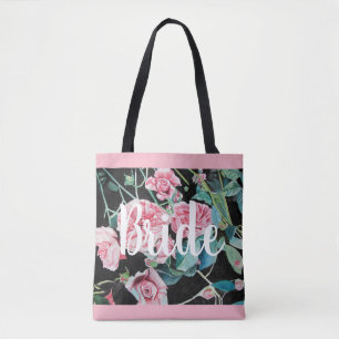 Pink Black Roses Floral Wedding Bride Tote bag