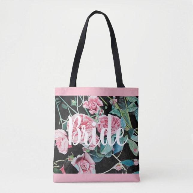 Pink Black Roses Floral Wedding Bride Tote bag (Front)