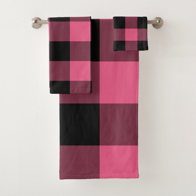Pink & Black Rustic Buffalo Plaid Checkered Checks Bath Towel Set (Insitu)