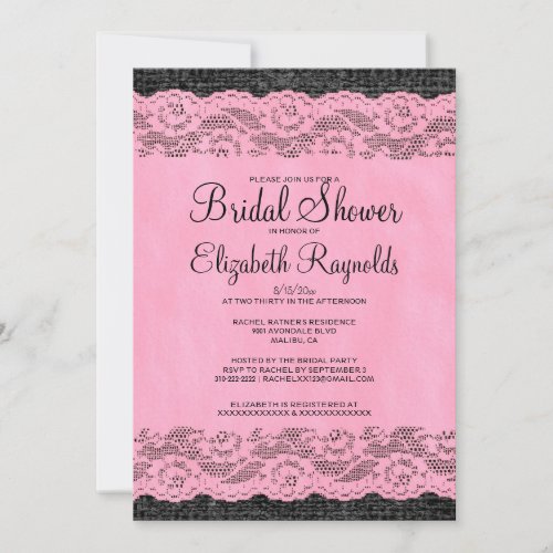Pink &amp; Black Rustic Lace Bridal Shower Invitations