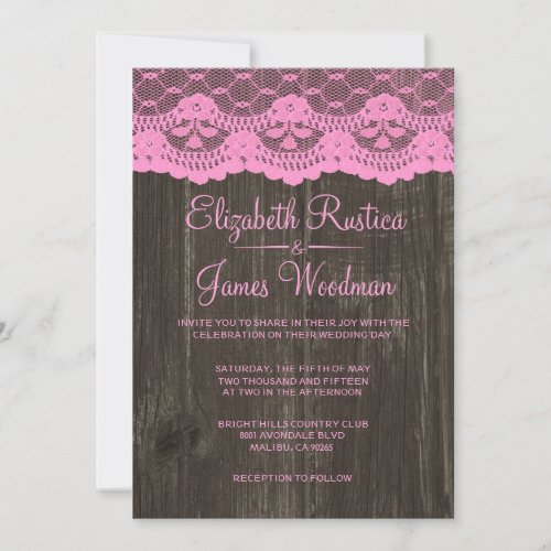 Pink &amp; Black Rustic Lace Wood Wedding Invitations
