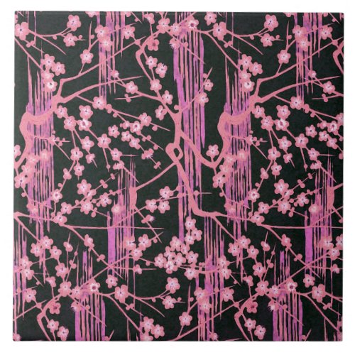 PINK BLACK SAKURA FLOWERS Japanese Floral Pattern Ceramic Tile