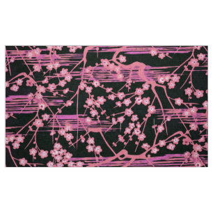 PINK BLACK SAKURA FLOWERS Japanese Floral Pattern Fabric