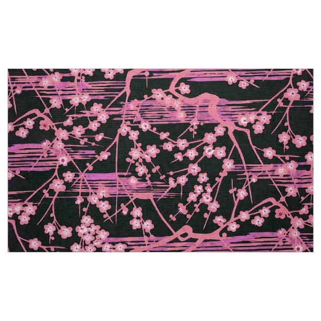 PINK BLACK SAKURA FLOWERS Japanese Floral Pattern  Fabric (Fat Quarter)