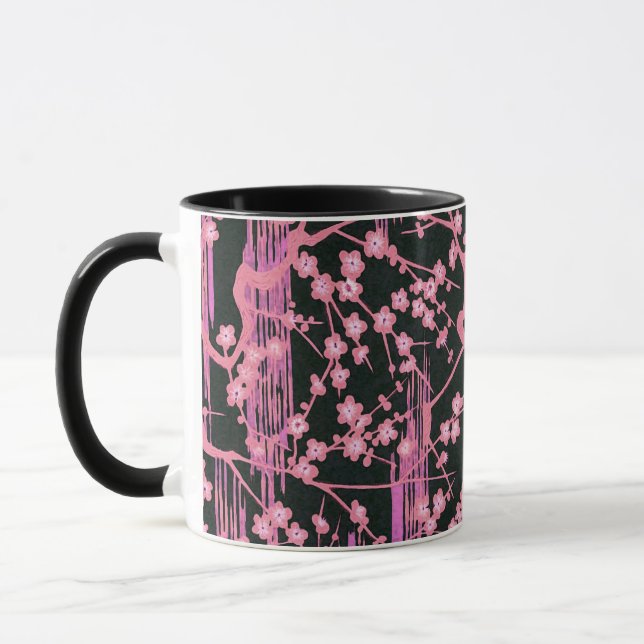 PINK BLACK SAKURA FLOWERS Japanese Floral Pattern Mug (Left)
