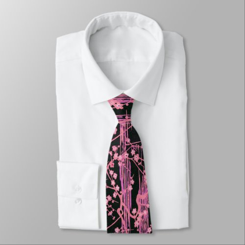 PINK BLACK SAKURA FLOWERS Japanese Floral Pattern Neck Tie