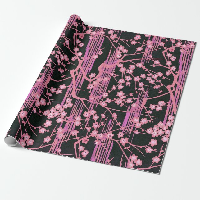 PINK BLACK SAKURA FLOWERS Japanese Floral Pattern Wrapping Paper (Unrolled)