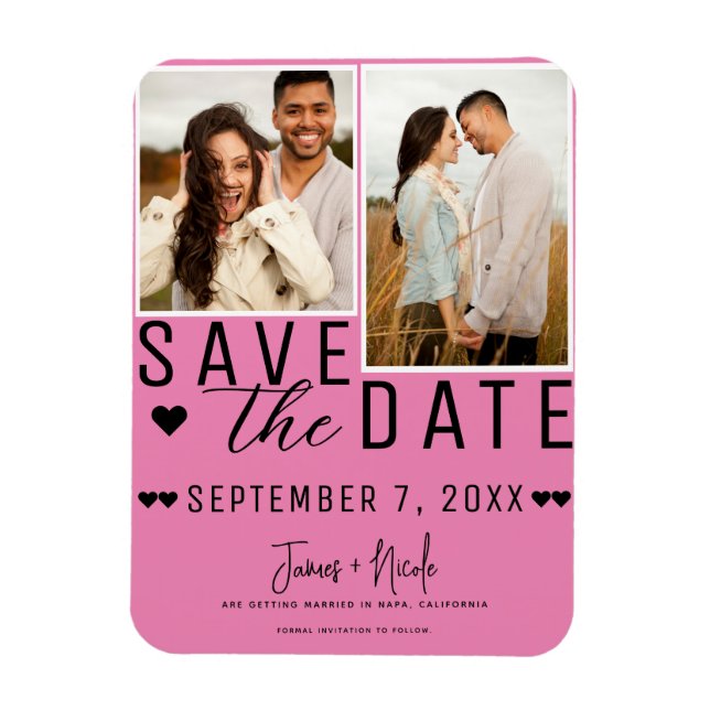 Pink & Black Save the Date 2 Photo Wedding Magnet (Vertical)