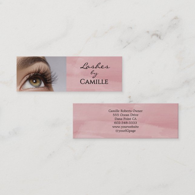 Pink Black Script Photo Lashes Mini Business Card (Front/Back)