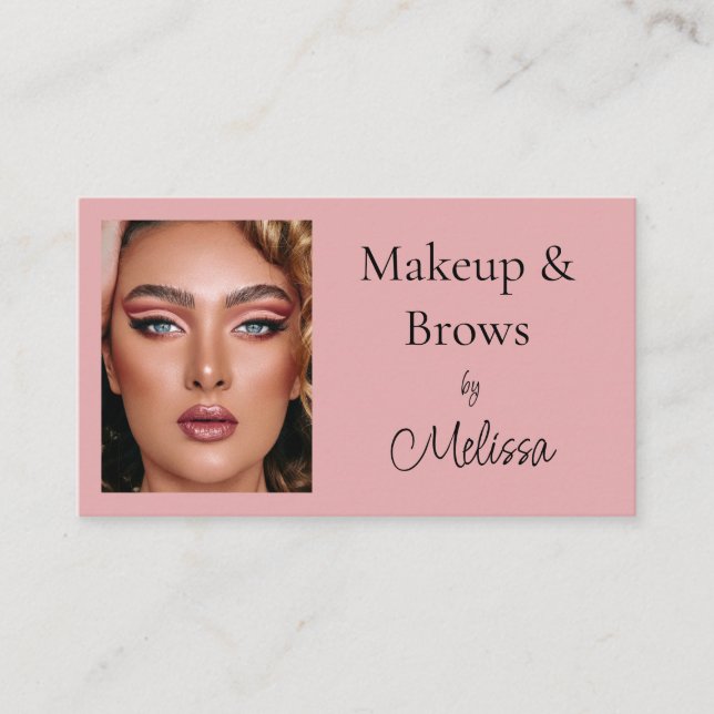 Pink Black Script Photo Makeup and Brows Business Card (Front)